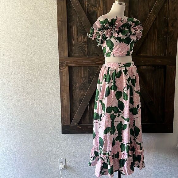 New Green Floral Print Beach Long Maxi Skirt Resort Casual Romantic Ruffle Top - Picture 3 of 16